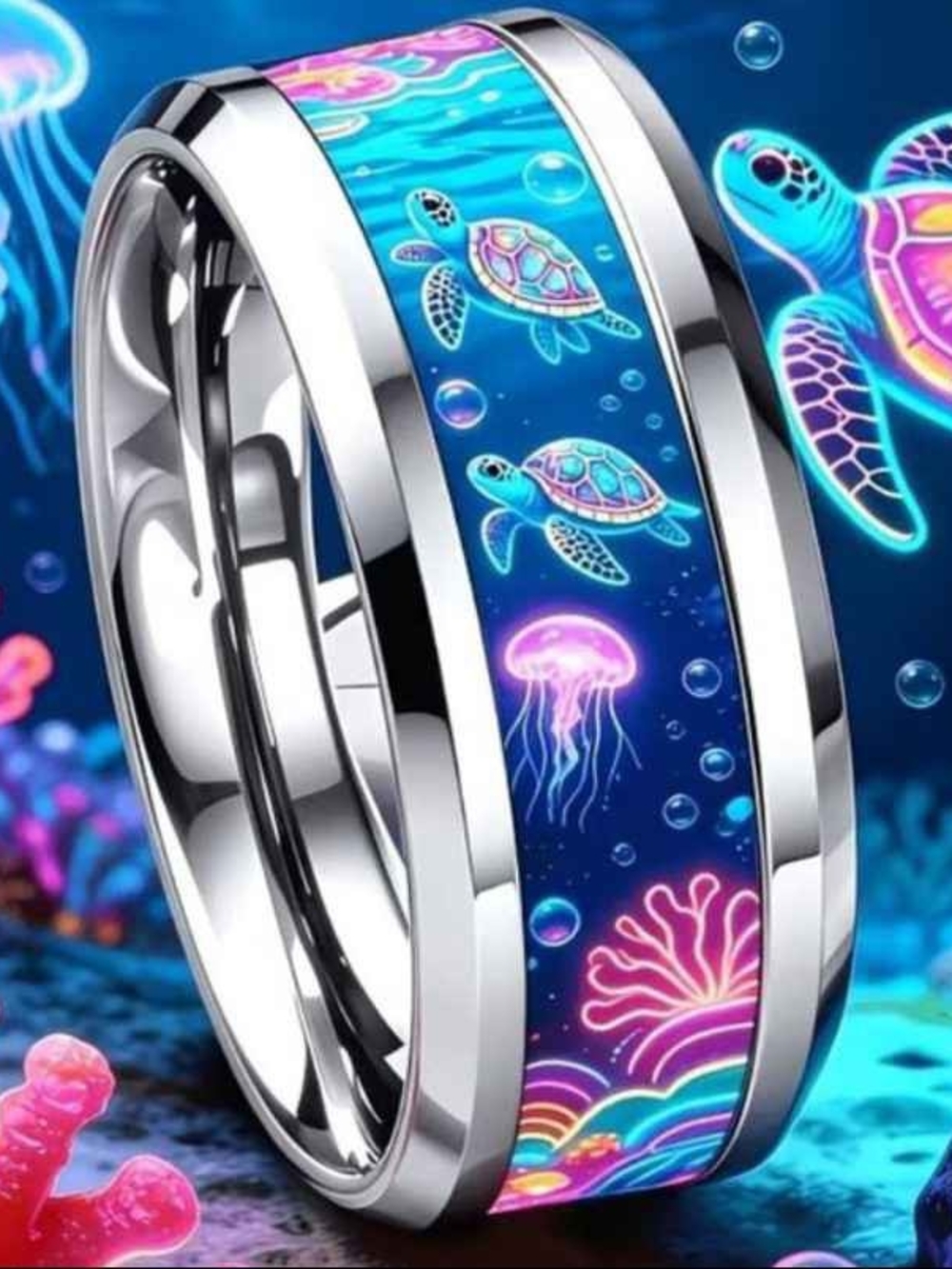 Silver Turtle & Jellyfish Ocean Band Ring - Blue Size 8